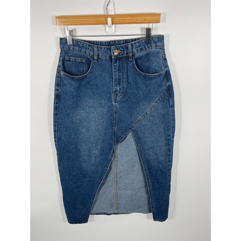 Y2K Womens Maxi Denim Skirt M Blue Country Cowgirl Concert Slit Dark Wash‎